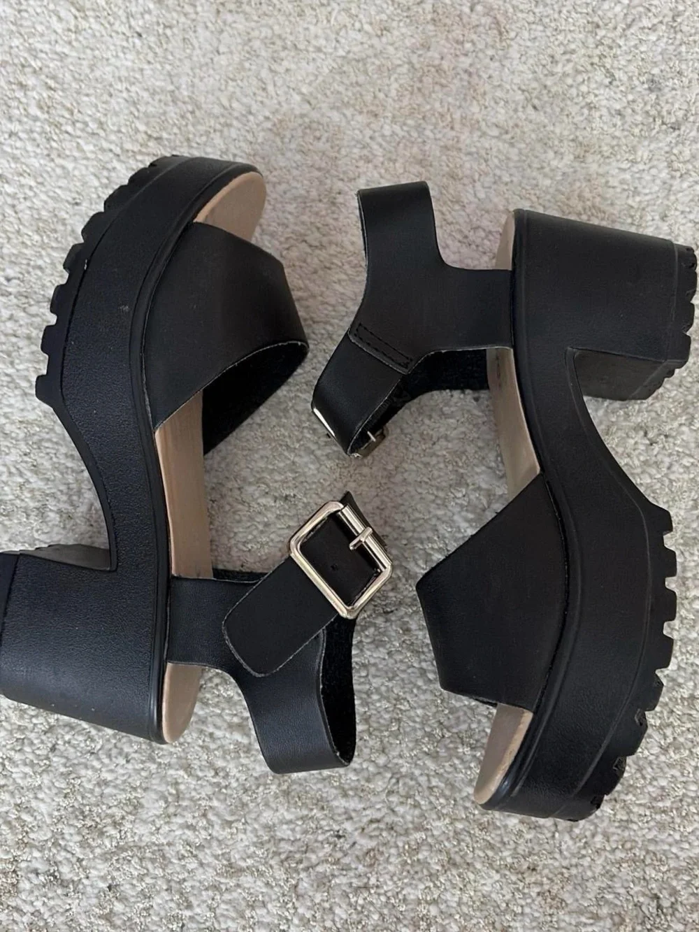 Black Platform Lug Sandals with Buckle